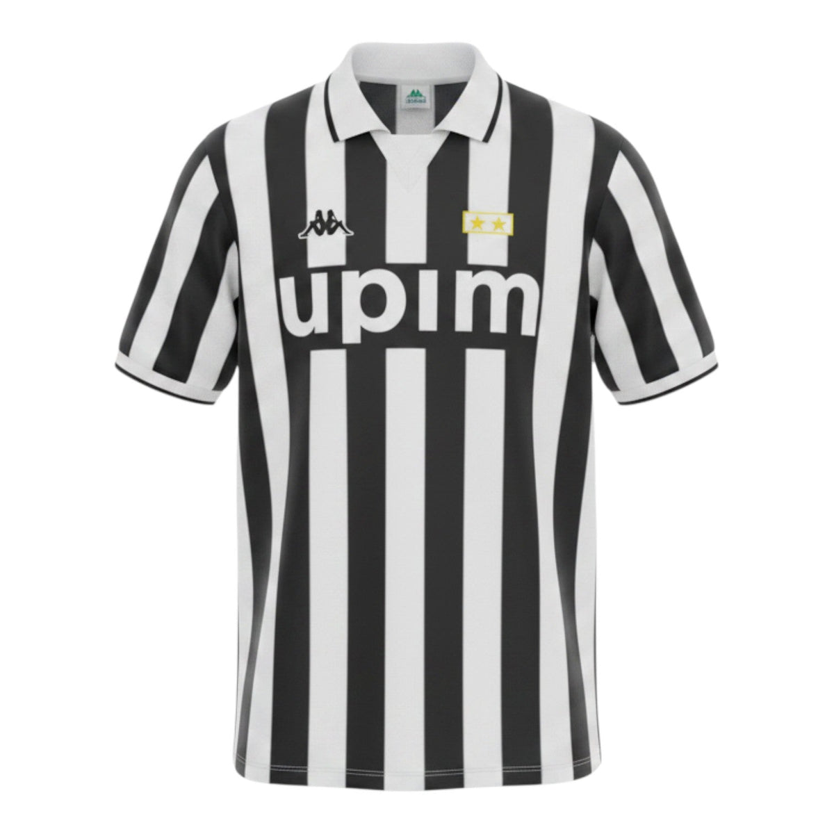Hinchas Sportswear Store Juventus FC 1991/92 retro home jersey, black and white stripes, white polo collar, Upim sponsor.