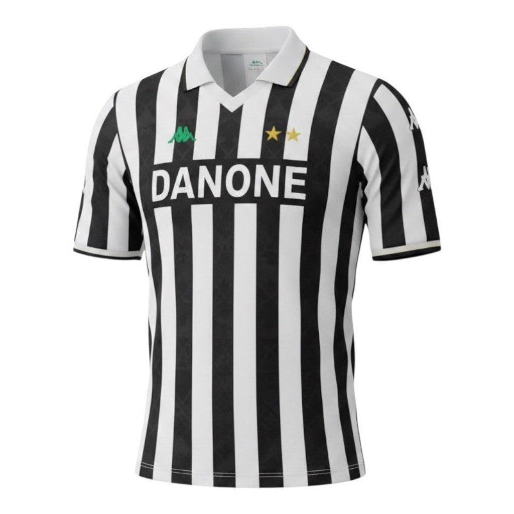 Hinchas Sportswear Store Juventus FC 1992/94 retro home jersey. Black and white vertical stripes, V-collar, Danone sponsor, Kappa logo, two gold stars.