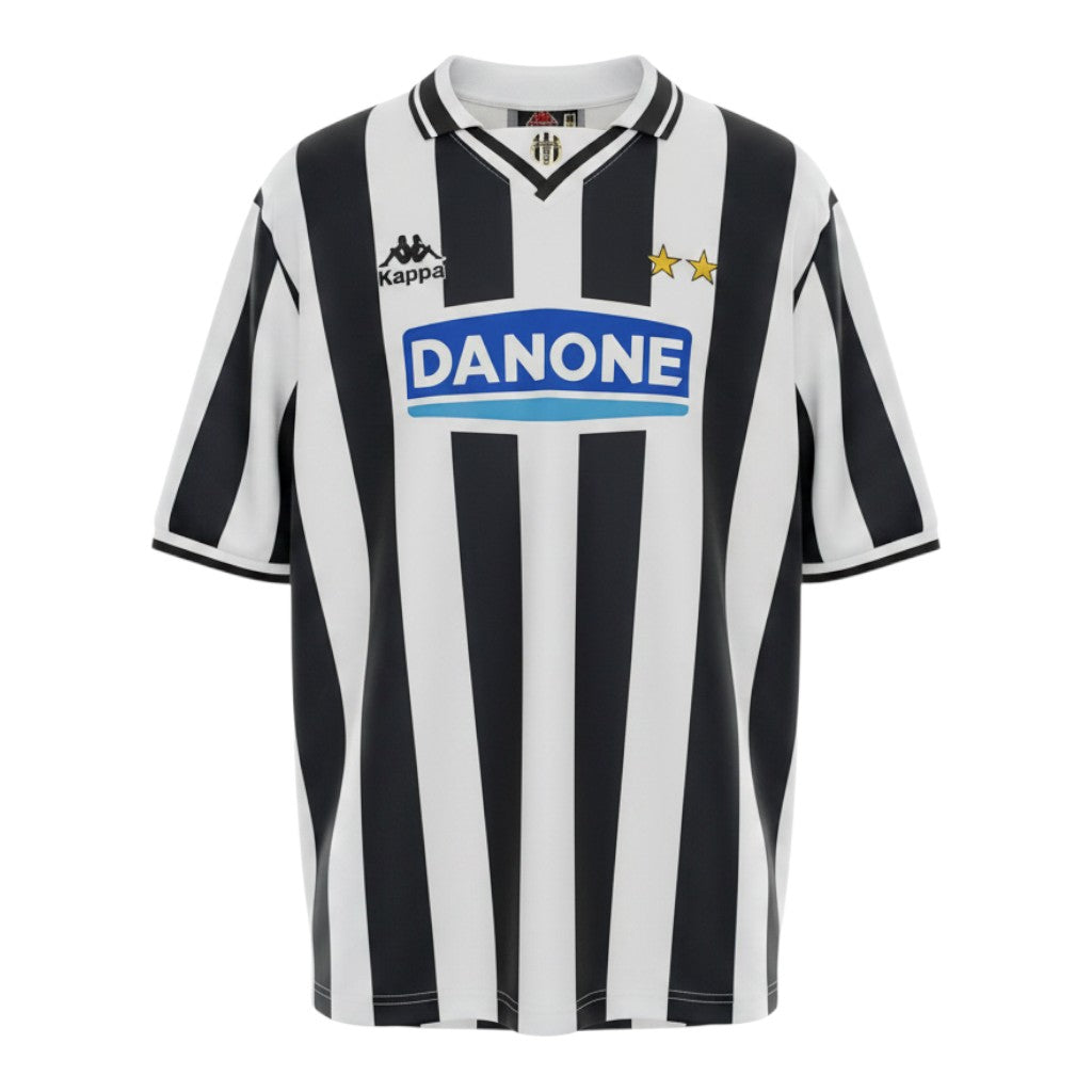 Hinchas Sportswear Store Juventus FC 1994/96 retro home jersey, black and white stripes, V-collar, Danone sponsor, Kappa logo, two gold stars.
