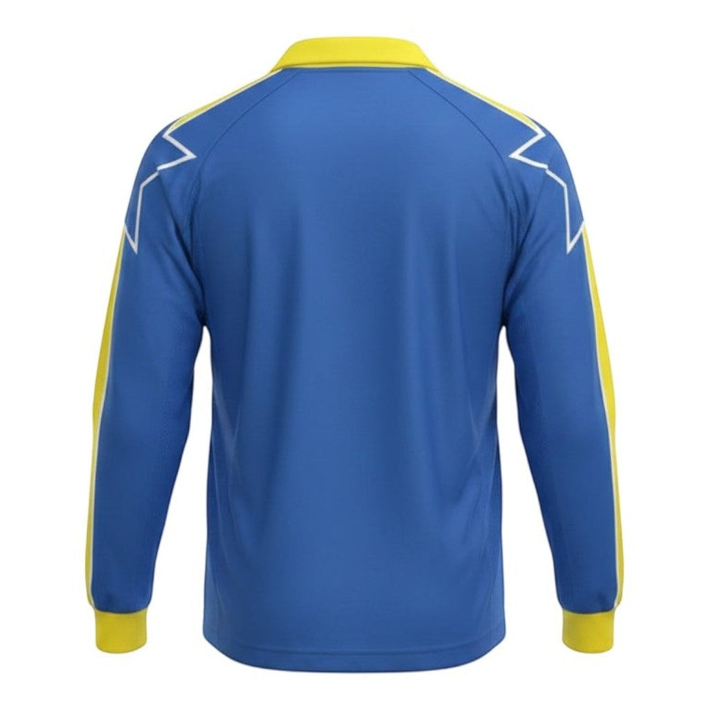 Hinchas Sportswear Store Juventus 1995/96 retro long sleeve jersey. Royal blue with yellow collar, sleeve stripes, and star shoulder details.
