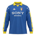 Hinchas Sportswear Store Juventus FC 1995/96 retro long sleeve away jersey. Royal blue with yellow collar, sleeve stripes, and star details.