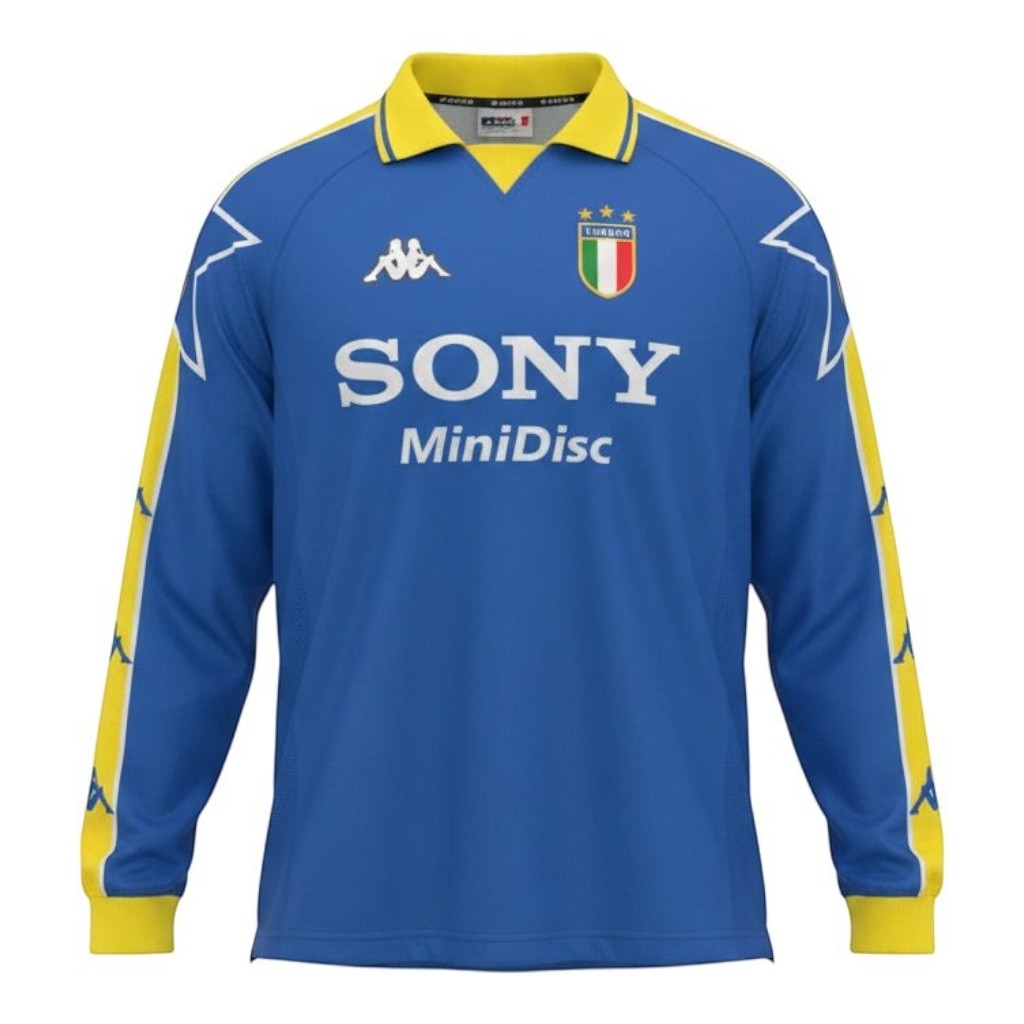 Hinchas Sportswear Store Juventus FC 1995/96 retro long sleeve away jersey. Royal blue with yellow collar, sleeve stripes, and star details.