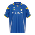 Hinchas Sportswear Store Juventus FC 1995/96 retro royal blue short sleeve jersey with yellow raglan panels, white lightning inserts, yellow V-collar, SONY sponsor, and two gold stars.