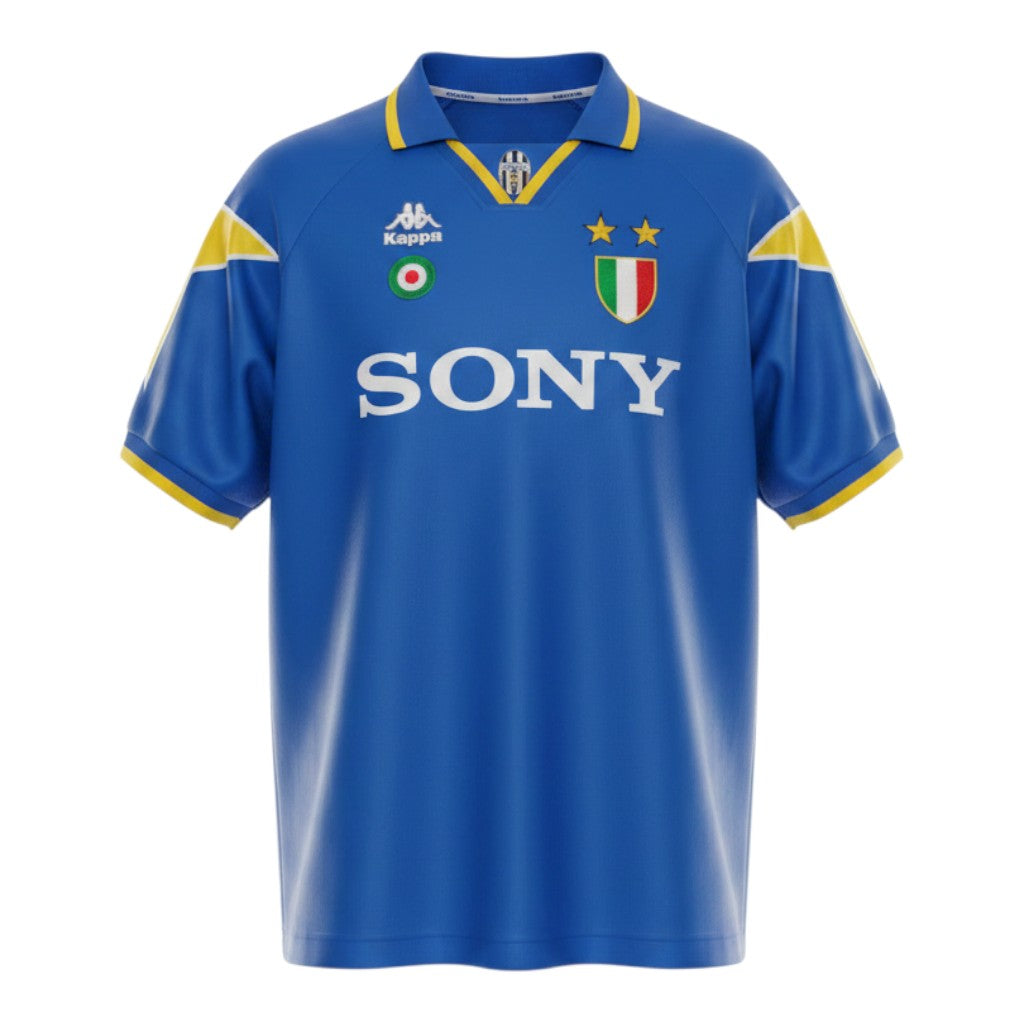 Hinchas Sportswear Store Juventus FC 1995/96 retro royal blue short sleeve jersey with yellow raglan panels, white lightning inserts, yellow V-collar, SONY sponsor, and two gold stars.