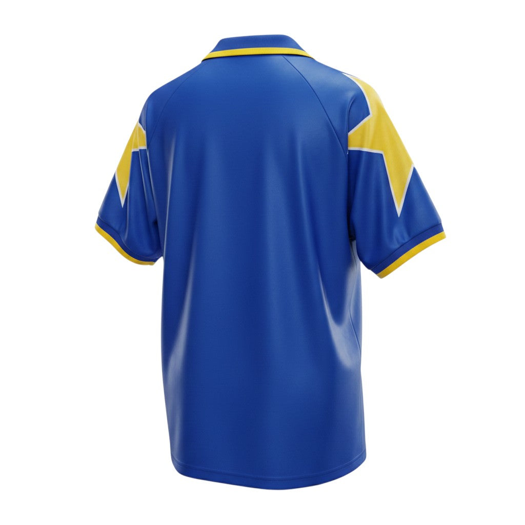 Hinchas Sportswear Store Juventus FC 1995/96 retro short sleeve away jersey in royal blue with yellow collar and lightning bolt details.
