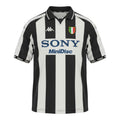Hinchas Sportswear Store Juventus FC 1997/98 retro home jersey by Kappa. Black and white vertical stripes, SONY MiniDisc sponsor, Italian tricolor crest, V-collar.