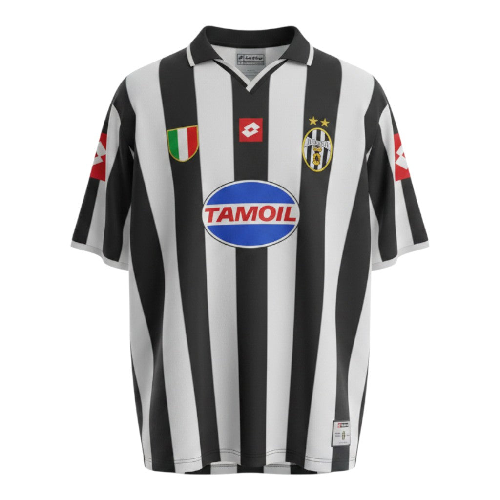 Hinchas Sportswear Store Juventus FC 2002/03 retro home jersey. Black and white vertical stripes, Tamoil sponsor, Italian flag badge, gold stars.