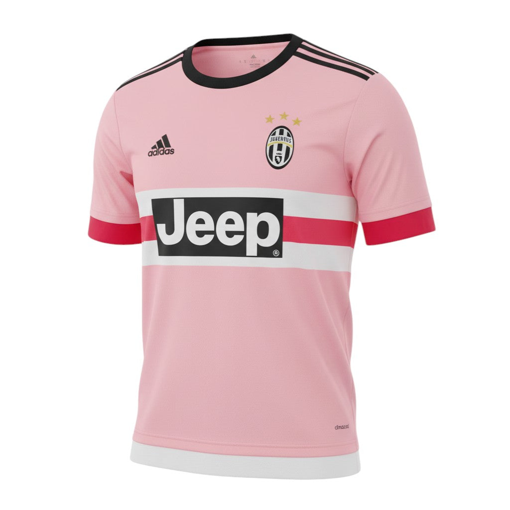 Hinchas Sportswear Store Juventus 2015/16 Pogba retro pink football jersey with black Adidas stripes and Jeep sponsor.