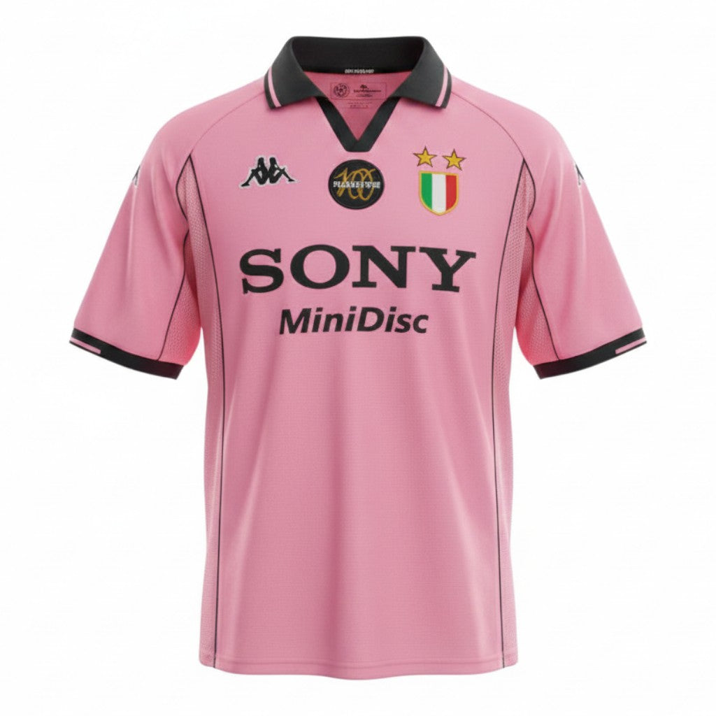 Hinchas Sportswear Store Juventus FC 1997/98 retro pink Kappa third jersey with black collar, SONY MiniDisc sponsor, and centenary patch.