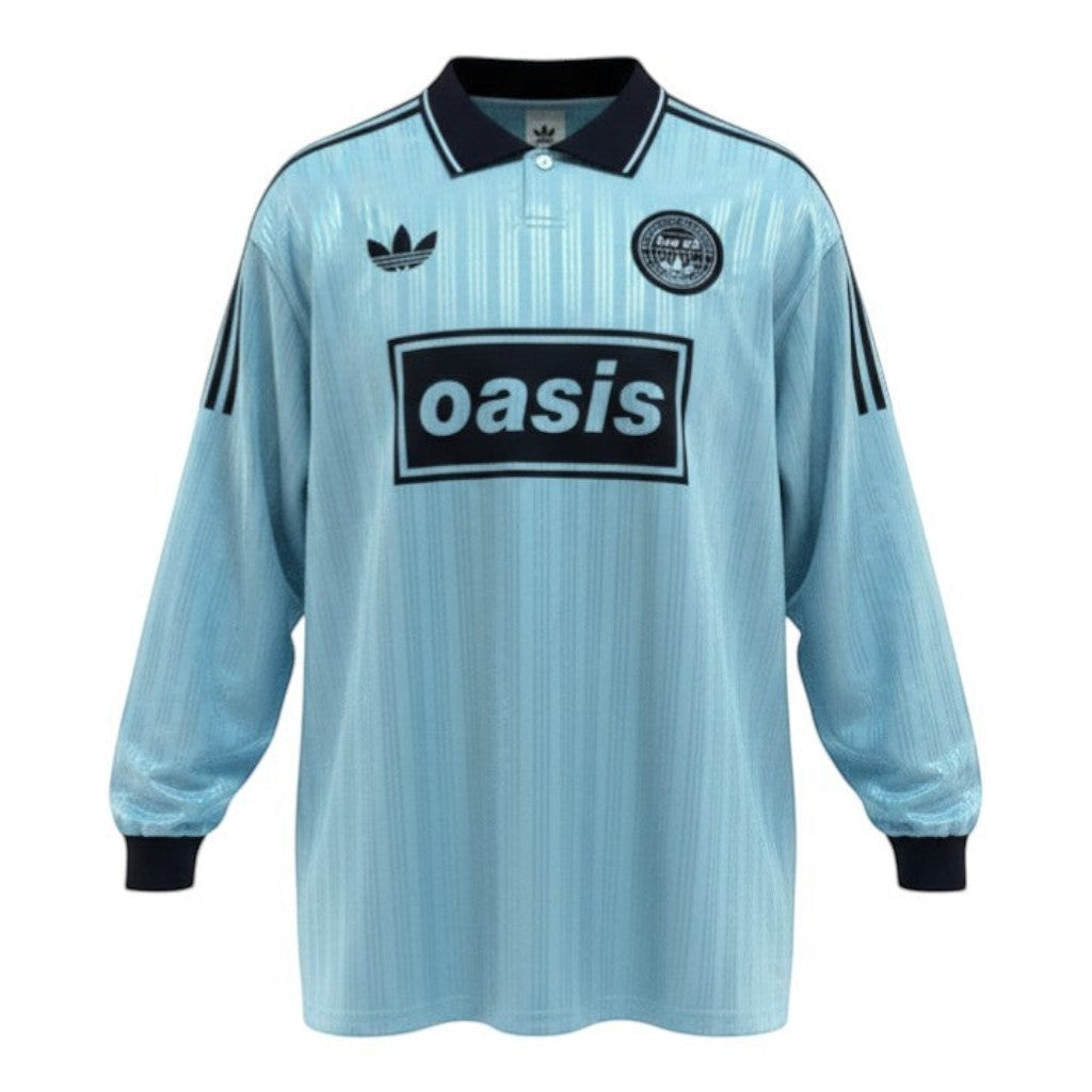 Hinchas Sportswear Store light blue Adidas x Oasis retro long sleeve jersey with white collar and chest logo.