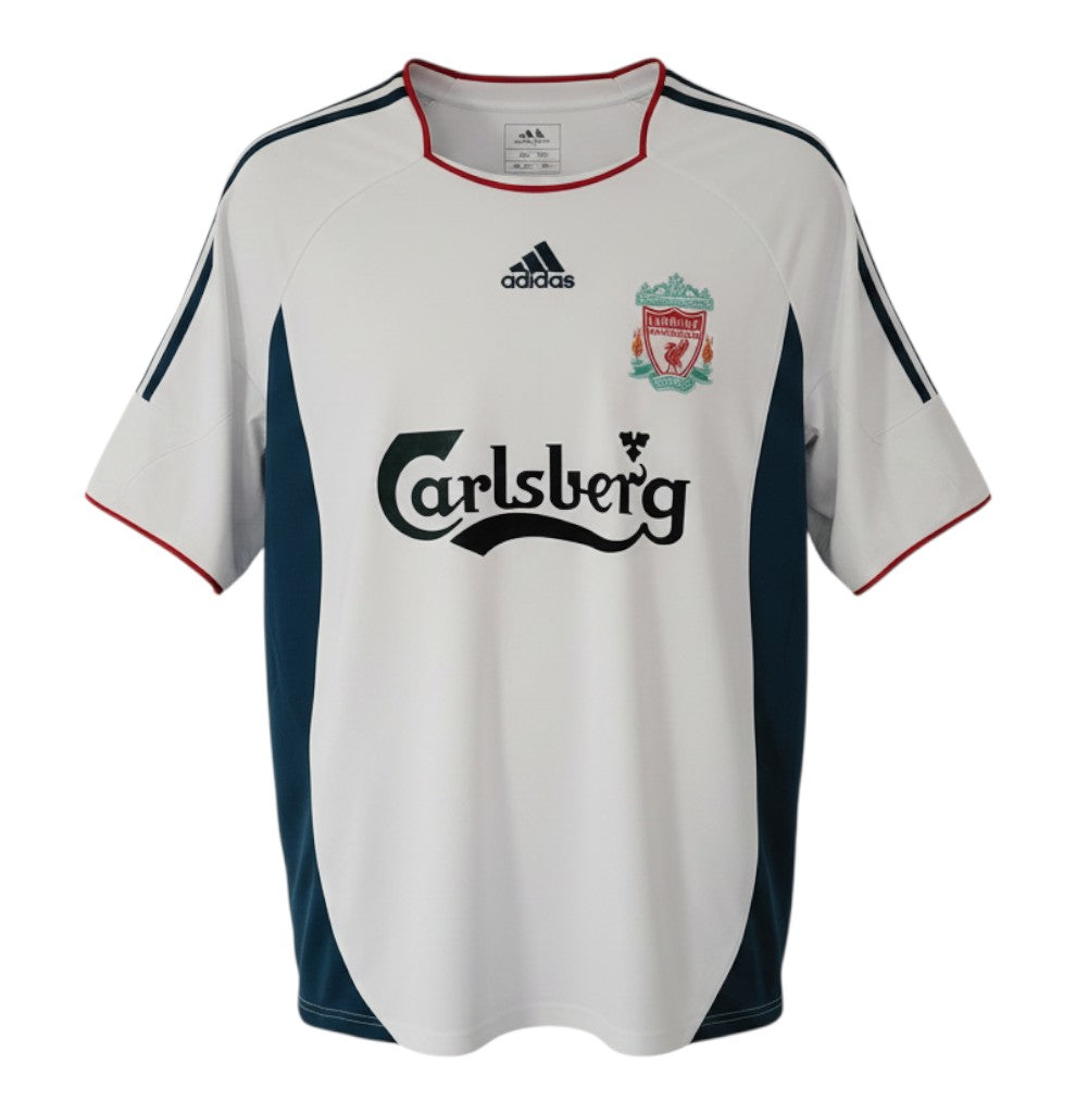 Hinchas Sportswear Store: White Adidas Liverpool FC 2006/07 retro away jersey with navy blue panel, Carlsberg sponsor, and embroidered crest.