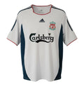 Hinchas Sportswear Store: White Adidas Liverpool FC 2006/07 retro away jersey with navy blue panel, Carlsberg sponsor, and embroidered crest.