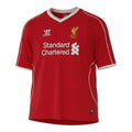 Hinchas Sportswear Store Liverpool FC 2013/14 retro home jersey, red with white V-neck and piping, Warrior logo, LFC crest, Standard Chartered sponsor.