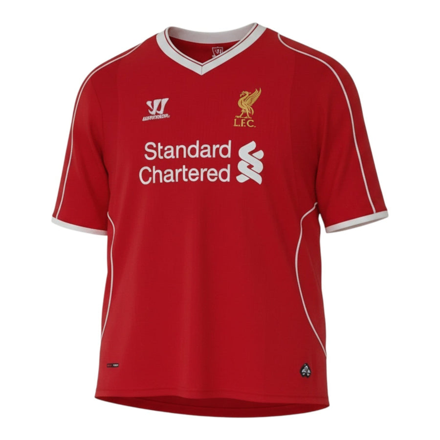 Hinchas Sportswear Store Liverpool FC 2013/14 retro home jersey, red with white V-neck and piping, Warrior logo, LFC crest, Standard Chartered sponsor.