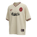 Hinchas Sportswear Store cream 1996/97 Liverpool FC retro away jersey with maroon trim and Liver Bird jacquard pattern.