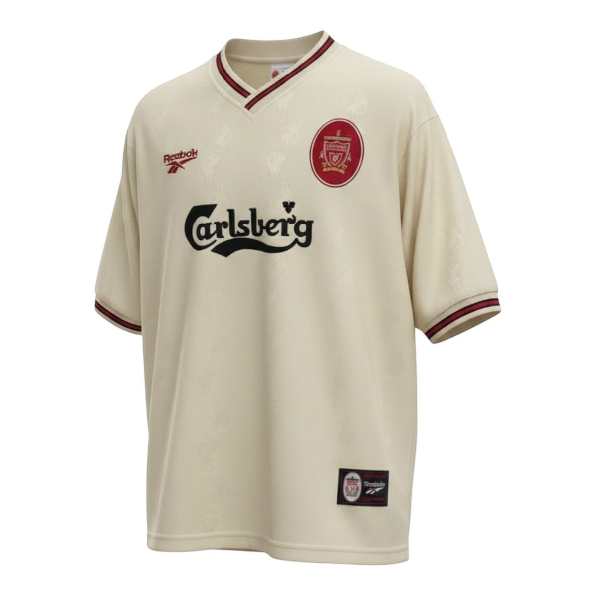 Hinchas Sportswear Store cream 1996/97 Liverpool FC retro away jersey with maroon trim and Liver Bird jacquard pattern.