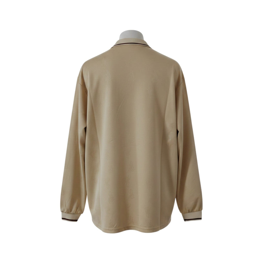 Hinchas Sportswear Store cream long sleeve Liverpool FC 1996/97 away retro jersey with dark brown trim on collar and cuffs.