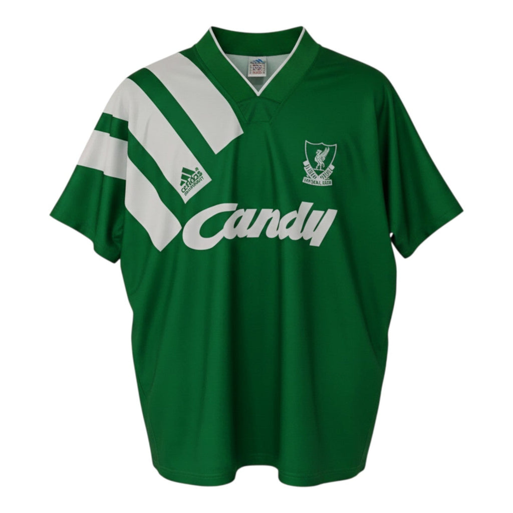 Hinchas Sportswear Store green 1991/92 Liverpool FC retro away jersey with white diagonal panel and Candy sponsor.