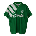 Hinchas Sportswear Store green 1991/92 Liverpool FC retro away jersey with white diagonal panel and Candy sponsor.
