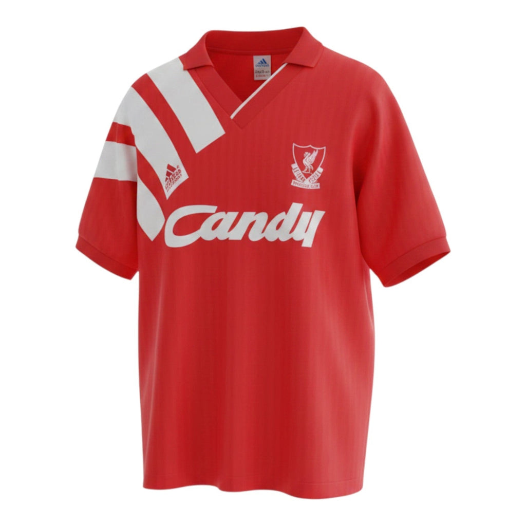 Hinchas Sportswear Store red 1991/92 Liverpool FC retro Adidas Equipment home jersey with white diagonal panel and Candy sponsor.