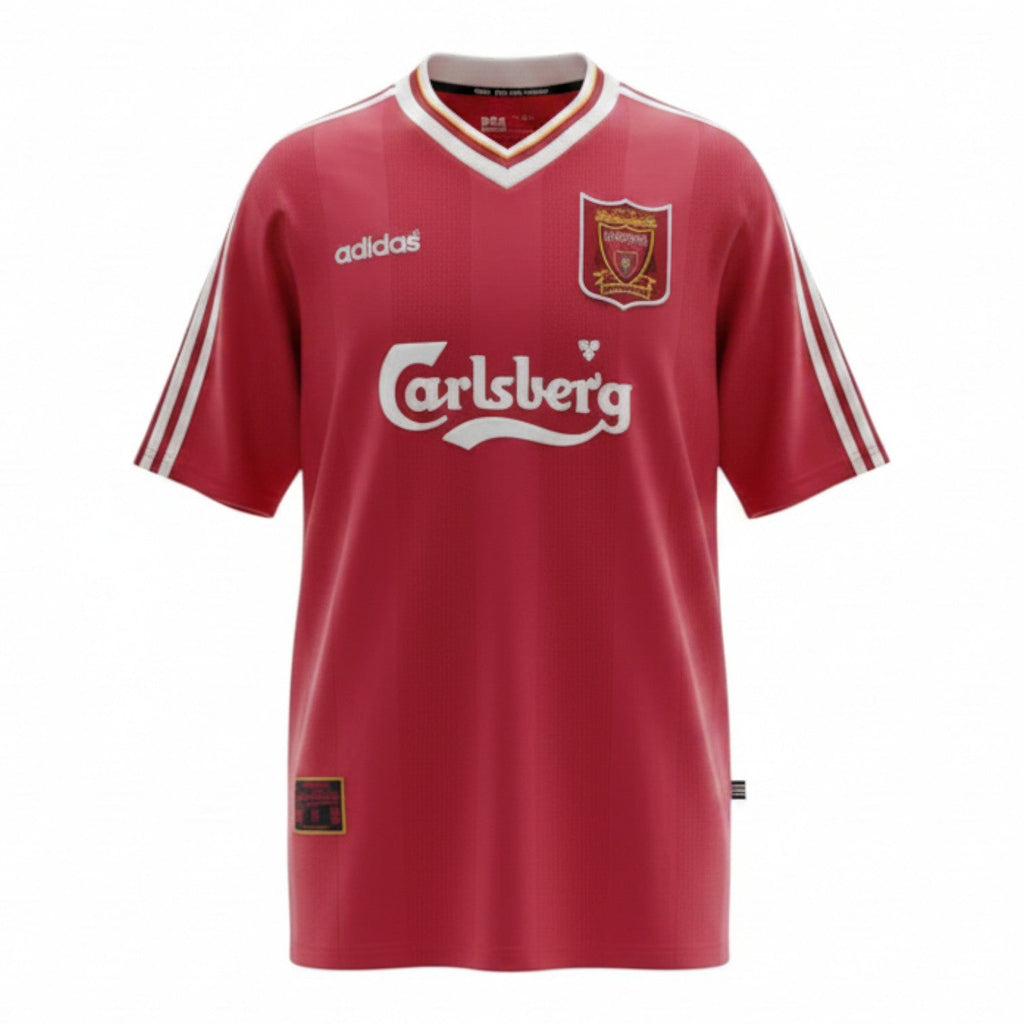 Hinchas Sportswear Store Liverpool FC 1993/94 retro home jersey, deep red with white Adidas stripes and collar trim, Carlsberg sponsor.
