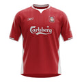 Hinchas Sportswear Store red Liverpool FC 2004/05 retro jersey with white side panels, mock turtleneck, Reebok logo, LFC crest, Carlsberg sponsor, and Istanbul Final patch.