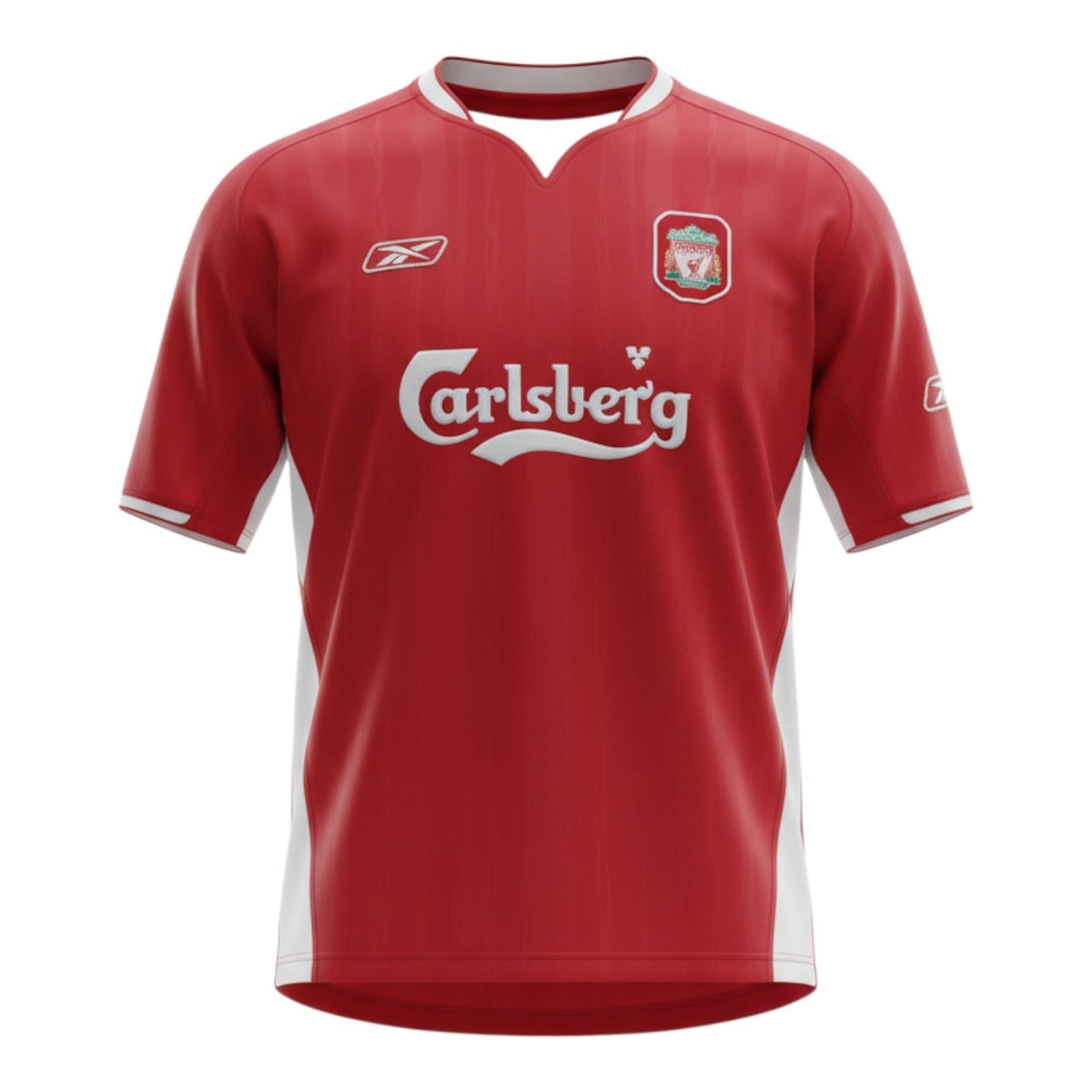 Hinchas Sportswear Store red Liverpool FC 2004/05 retro jersey with white side panels, mock turtleneck, Reebok logo, LFC crest, Carlsberg sponsor, and Istanbul Final patch.