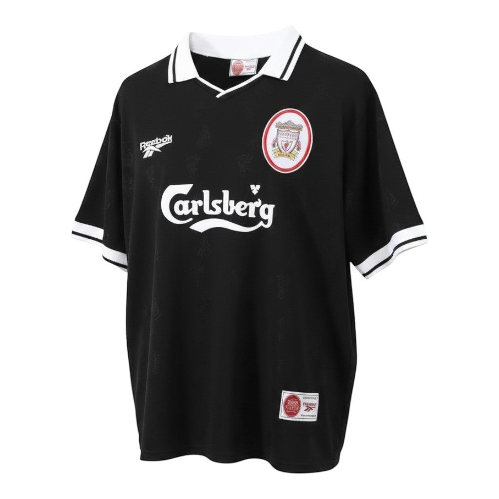 Hinchas Sportswear Store black 1996/97 Liverpool FC retro jersey by Reebok with white trim and Carlsberg sponsor.
