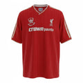 Hinchas Sportswear Store red Liverpool FC 1985/86 retro home jersey with cream V-collar, cuffs, Adidas stripes, FA Cup Final patch, and Crown Paints sponsor.