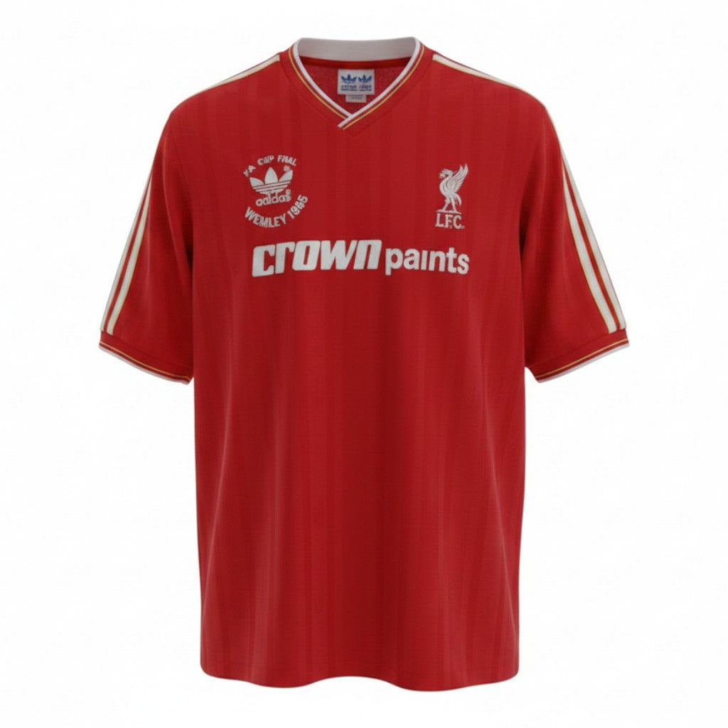 Hinchas Sportswear Store red Liverpool FC 1985/86 retro home jersey with cream V-collar, cuffs, Adidas stripes, FA Cup Final patch, and Crown Paints sponsor.