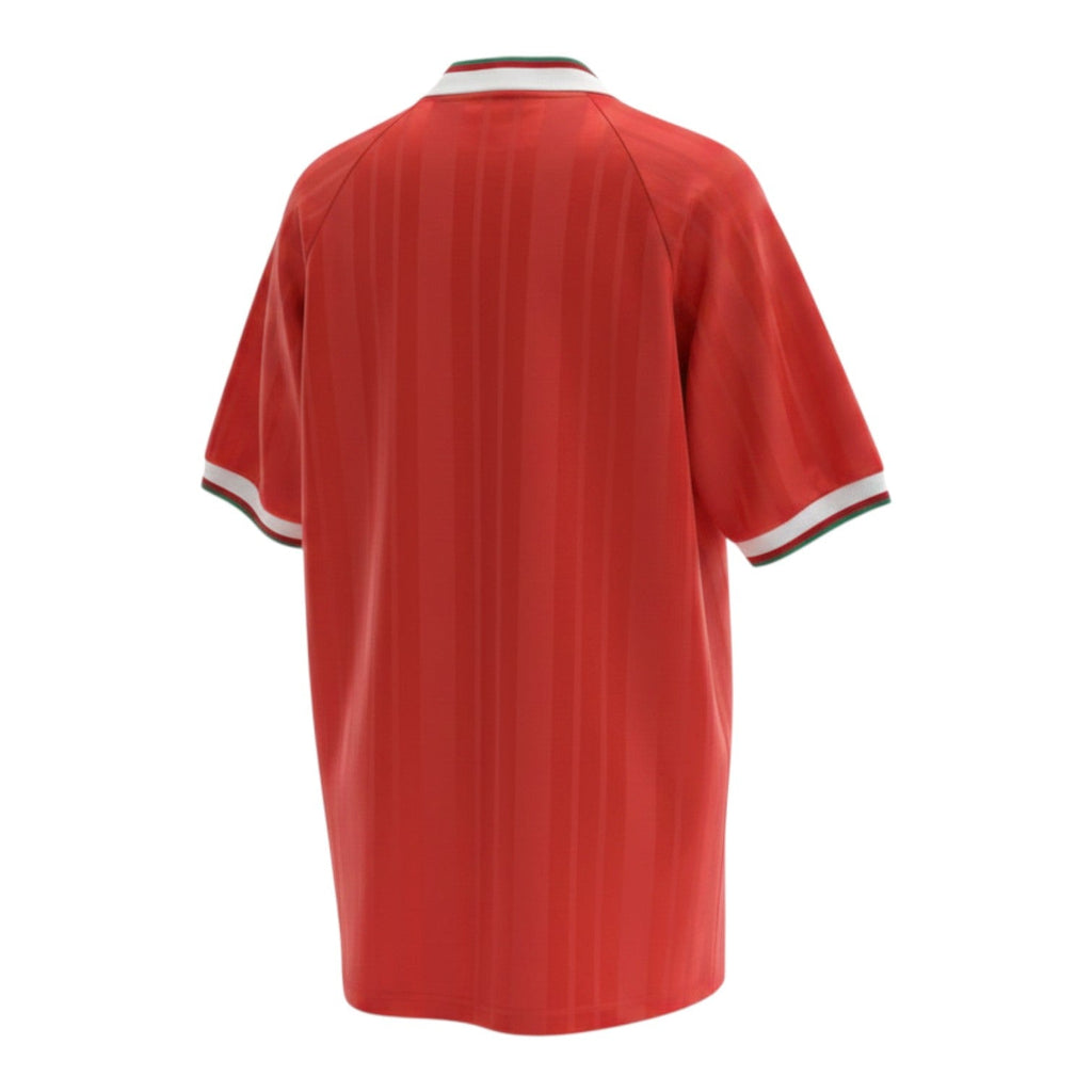 Hinchas Sportswear Store red Liverpool FC 1992/93 retro jersey with white collar and green trim, white cuffs with green stripe, and vertical stripe texture.