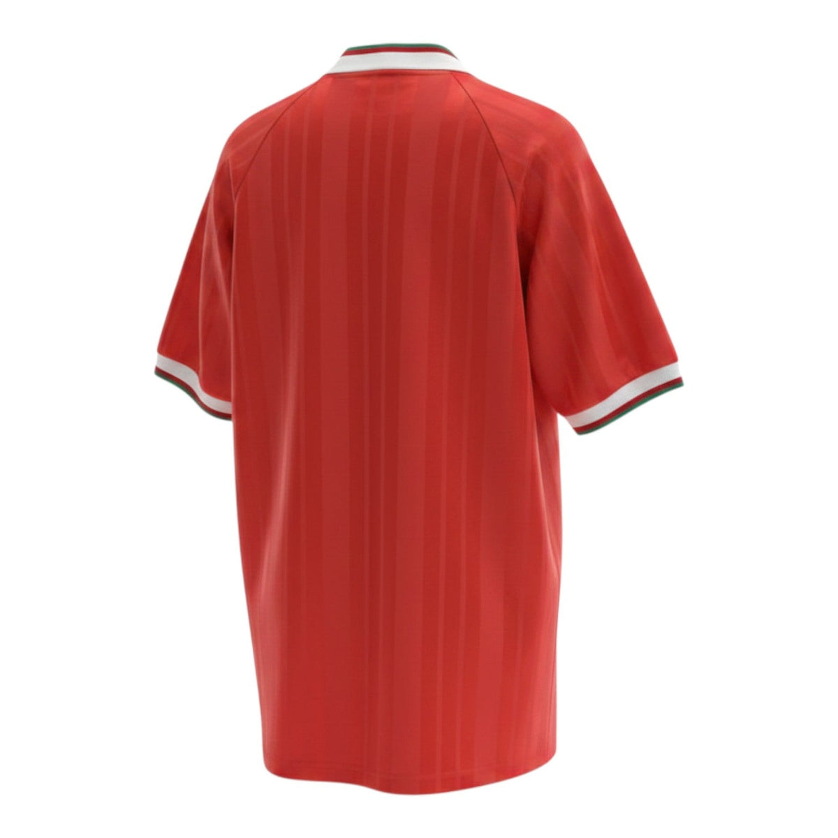 Hinchas Sportswear Store red Liverpool FC 1992/93 retro jersey with white collar and green trim, white cuffs with green stripe, and vertical stripe texture.