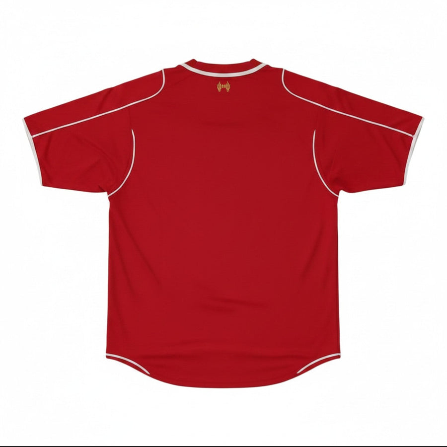 Hinchas Sportswear Store Liverpool FC 2013/14 retro red football jersey with white piping and gold crest detail.