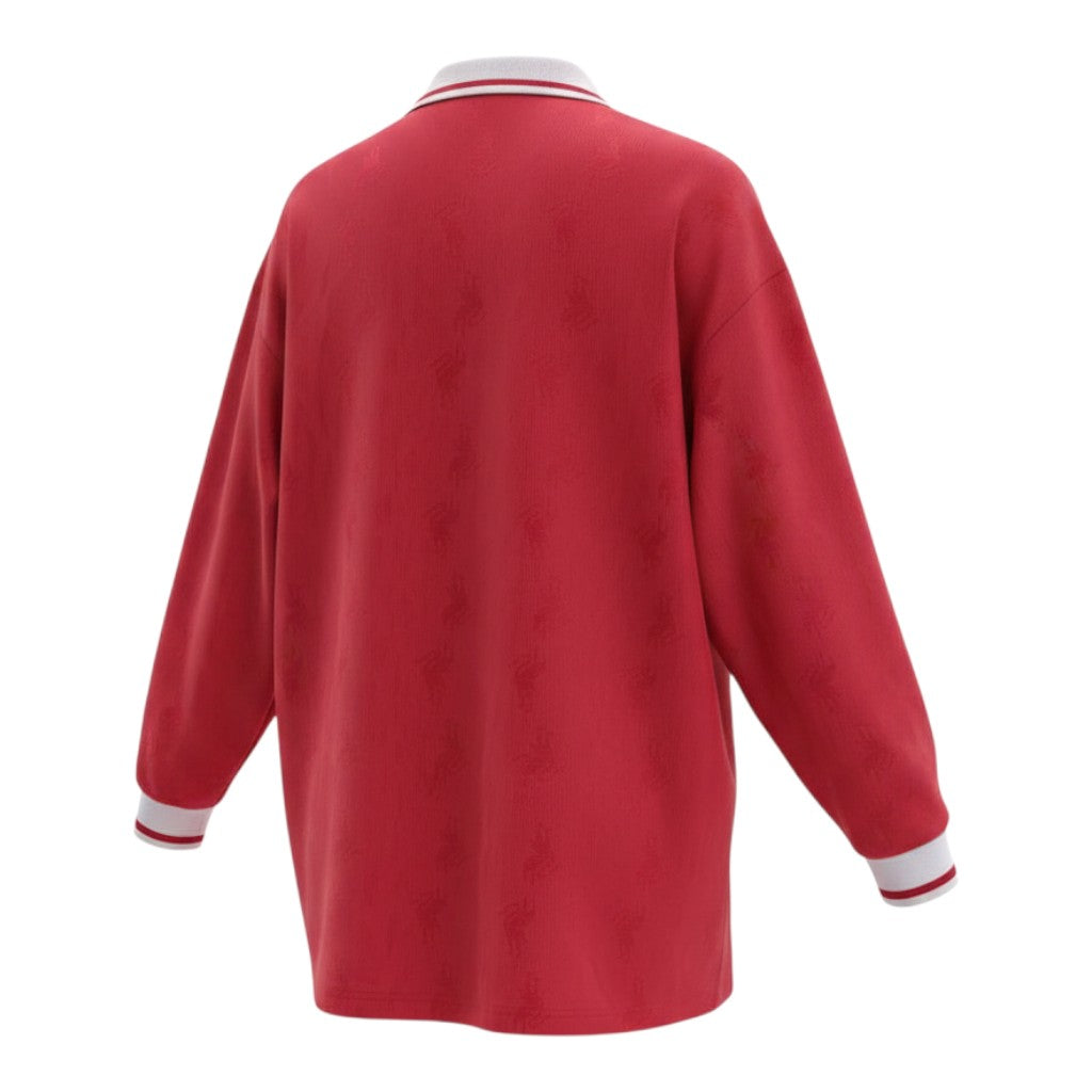 Hinchas Sportswear Store Liverpool FC 1996/97 retro long sleeve home jersey in red with white collar and cuffs, featuring jacquard pattern.