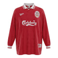 Hinchas Sportswear Store Liverpool FC 1996/97 long sleeve retro home jersey in red with white collar and cuffs, featuring Carlsberg sponsorship and embroidered crest.
