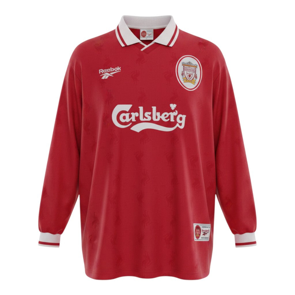 Hinchas Sportswear Store Liverpool FC 1996/97 long sleeve retro home jersey in red with white collar and cuffs, featuring Carlsberg sponsorship and embroidered crest.