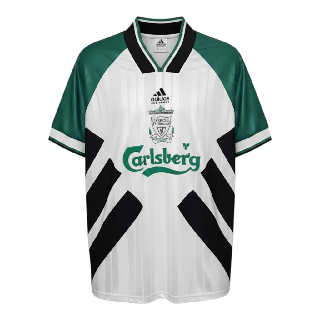 Hinchas Sportswear Store Liverpool FC 1993/94 retro away jersey, white with green raglan sleeves and black X-panels.