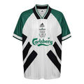 Hinchas Sportswear Store Liverpool FC 1993/94 retro away jersey, white with green raglan sleeves and black X-panels.