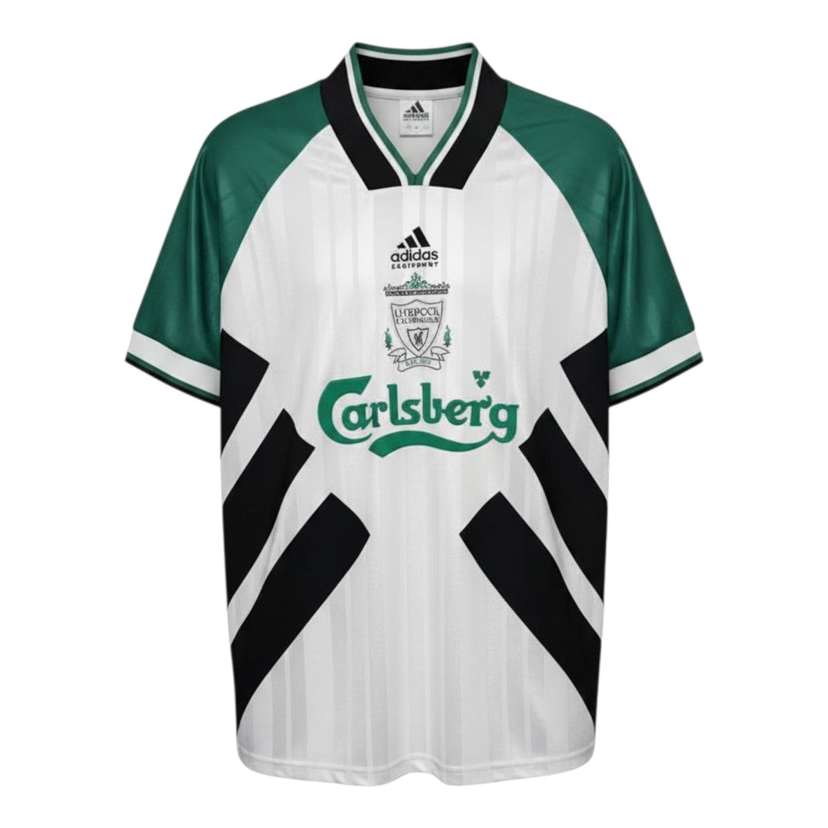 Hinchas Sportswear Store Liverpool FC 1993/94 retro away jersey, white with green raglan sleeves and black X-panels.