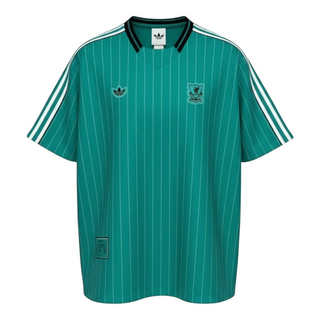 Hinchas Sportswear Store green retro Liverpool Adidas Originals jersey with white pinstripes, three stripes, and embroidered crest.