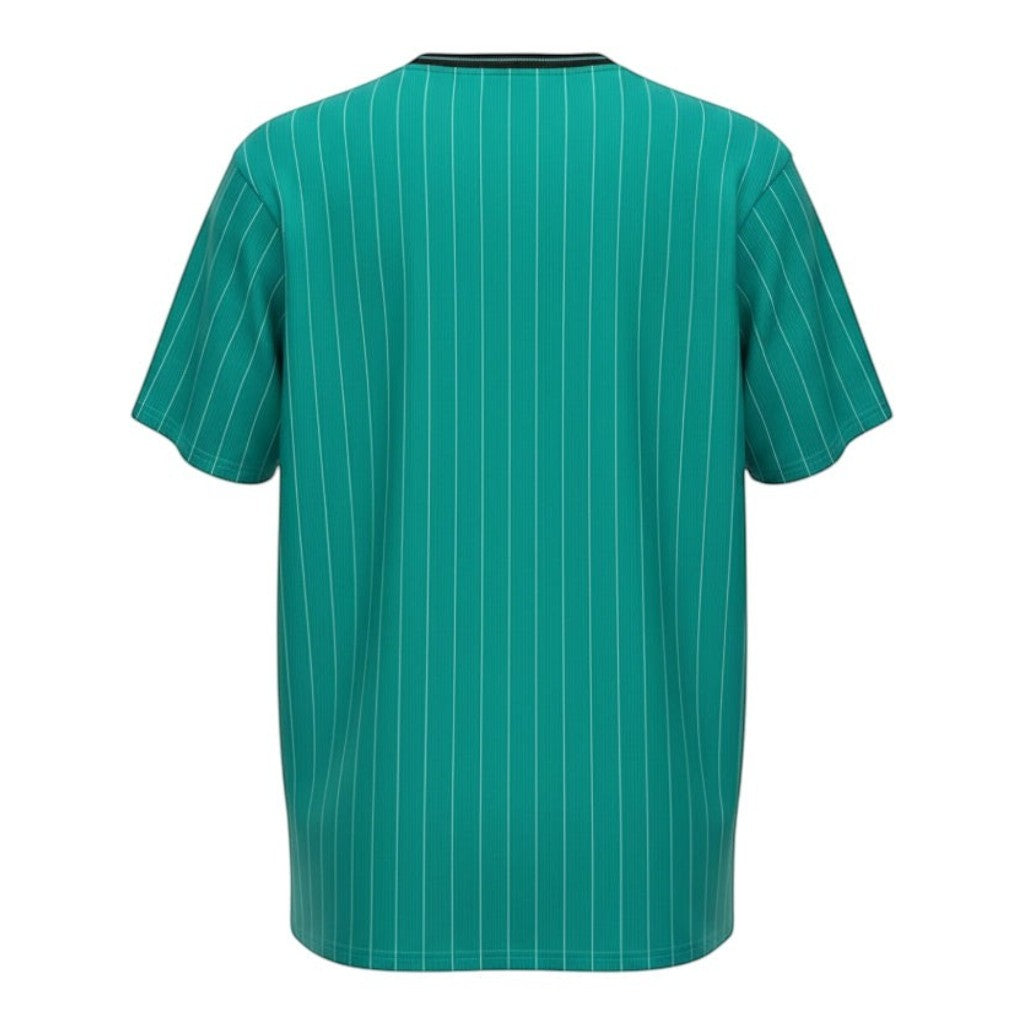 Hinchas Sportswear Store Liverpool retro green away jersey with white pinstripes and black collar.
