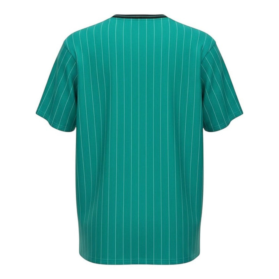 Hinchas Sportswear Store Liverpool retro green away jersey with white pinstripes and black collar.