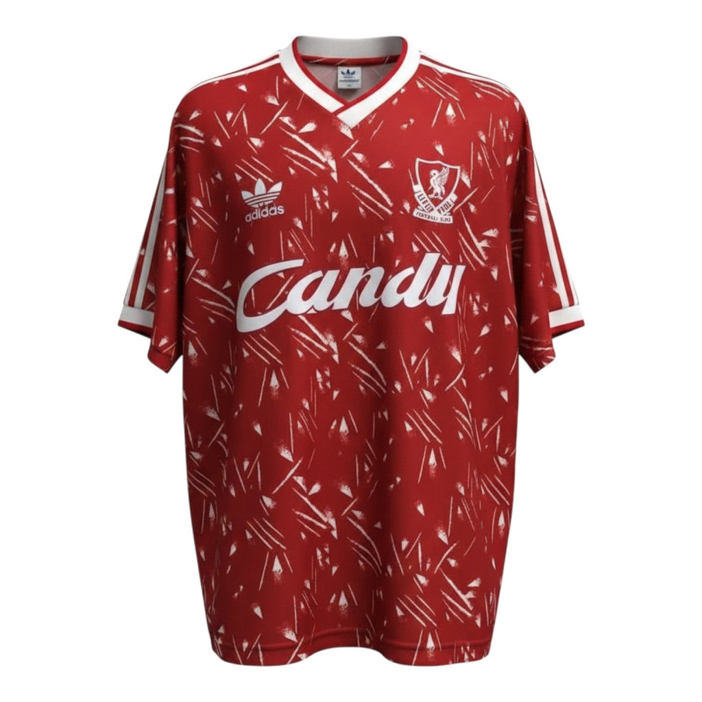 Hinchas Sportswear Store Liverpool FC 1989/91 retro home jersey. Deep red with all-over white crystal print, white Adidas stripes, crew neck, and Candy sponsor.
