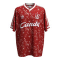 Hinchas Sportswear Store Liverpool FC 1989/91 retro home jersey. Deep red with all-over white crystal print, white Adidas stripes, crew neck, and Candy sponsor.