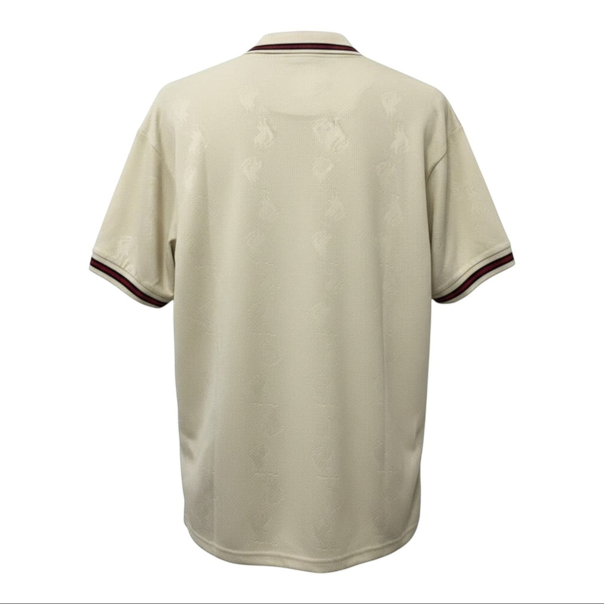 Hinchas Sportswear Store Liverpool FC 1996/97 retro away jersey in cream with maroon trim and all-over Liver Bird jacquard pattern.