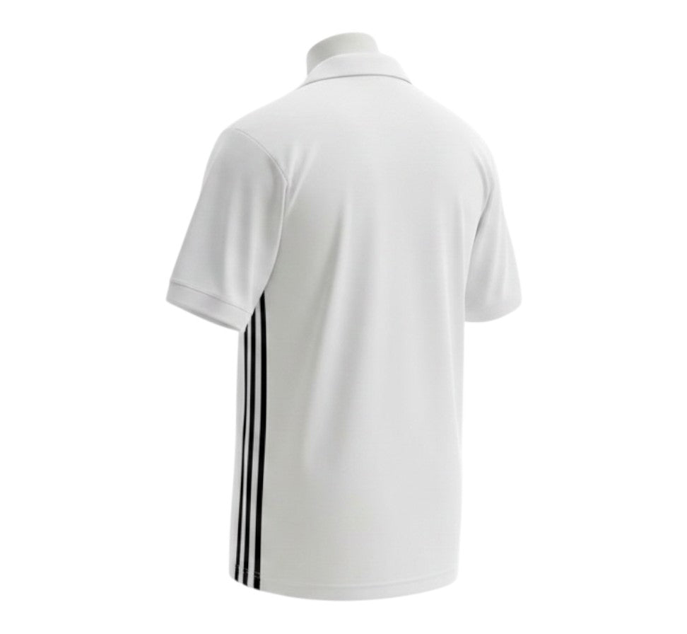 Hinchas Sportswear Store retro 1980 Manchester United away jersey. White Adidas shirt with black stripes and trefoil logo.