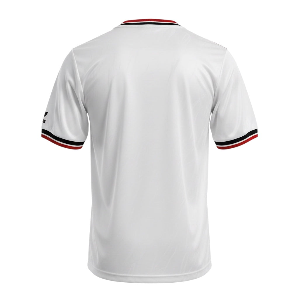Hinchas Sportswear Store white Manchester United 1984 retro away jersey with black and red trim on collar and sleeves.