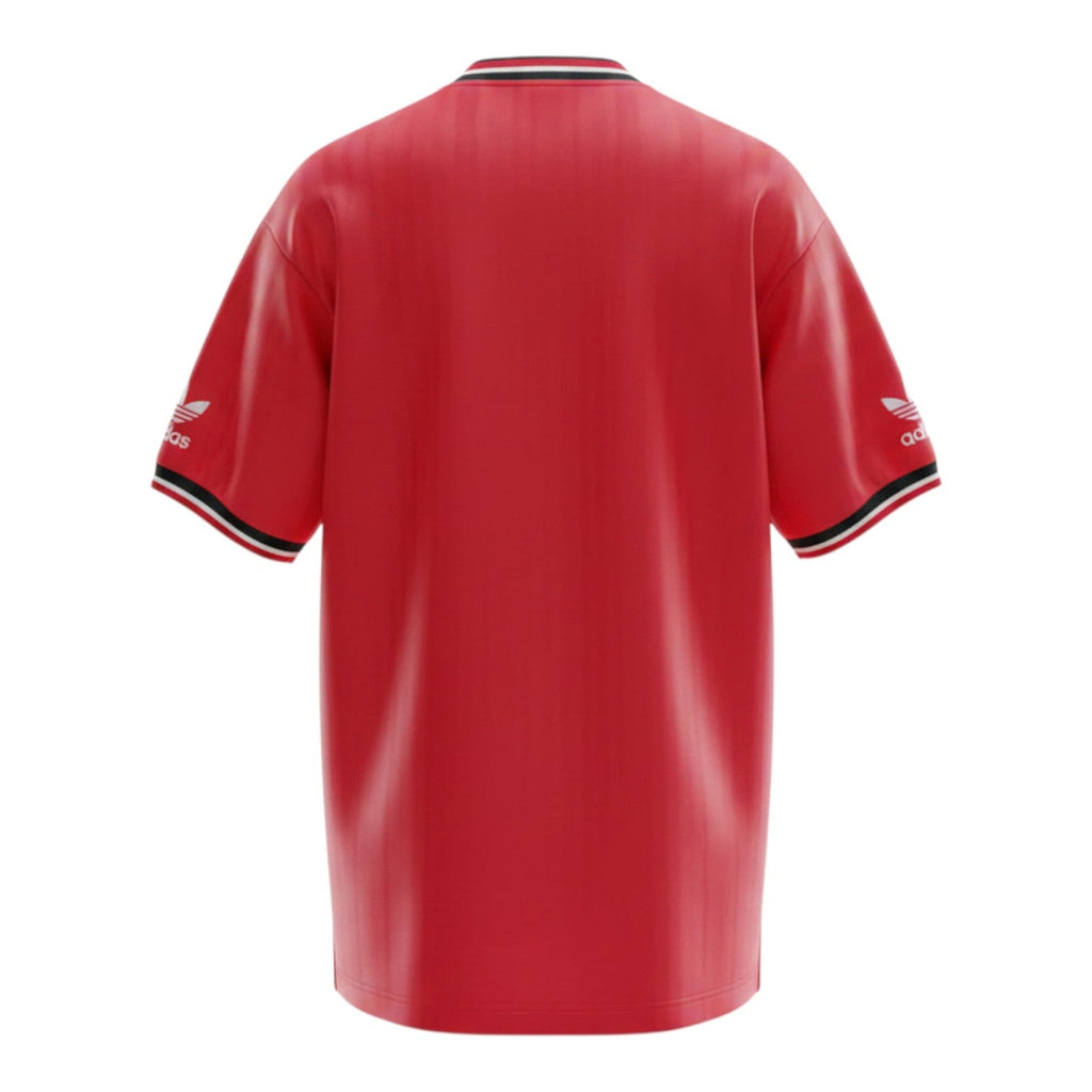 Hinchas Sportswear Store Manchester United 1984 retro red satin jersey with black and white trim, Adidas trefoil on sleeves.