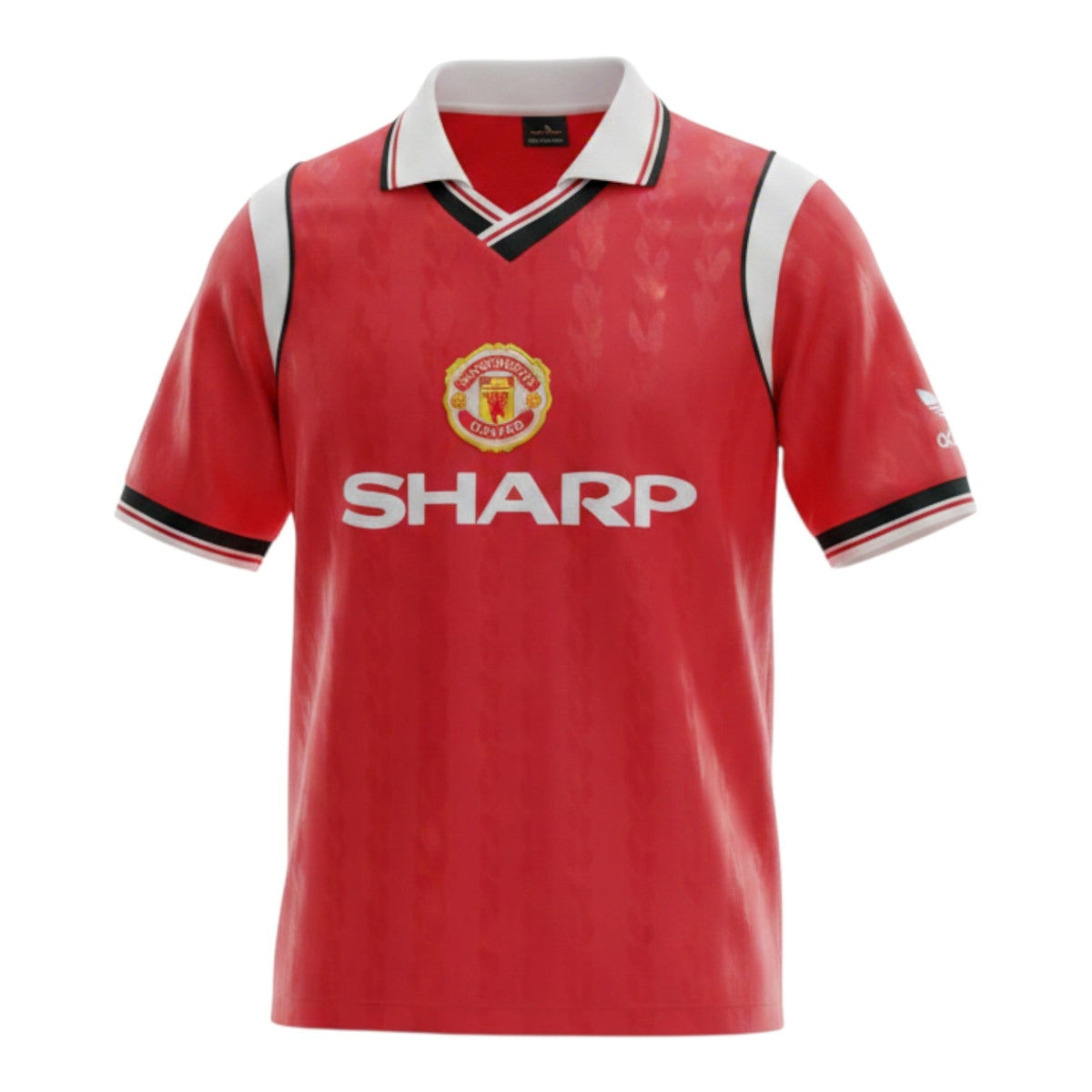 Hinchas Sportswear Store Manchester United 1984 retro red jersey with white V-neck trim, white raglan sleeves, and SHARP sponsor.