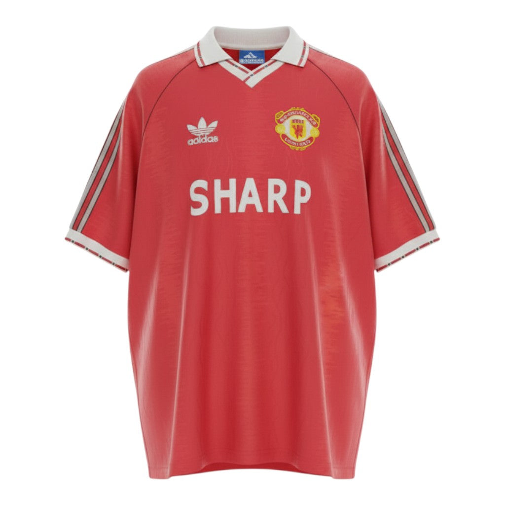 Hinchas Sportswear Store Manchester United 1986-87 retro red Adidas football jersey with Sharp sponsor and white stripes.
